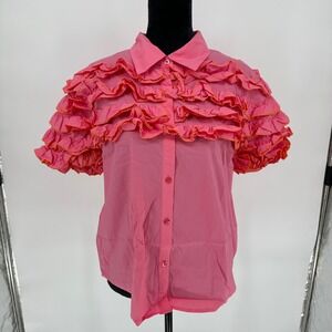 Karlie Pink Ruffle Contrast Stitching Collared Button Up Short Sleeve Top Medium